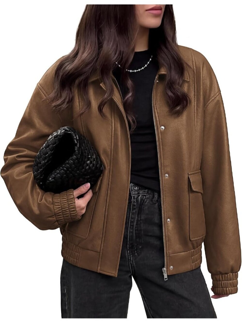 Women's Brown Faux Leather Fall Clothes Long Sleeve Jacket Snap and Zipper